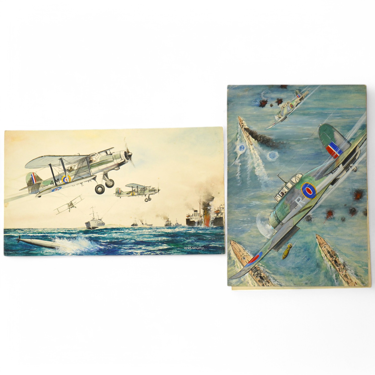 AFD Bannister, set of three original WWII watercolours for post card designs, Fleet Air Arm Aircraft to include ‘Blackburn Skuas attacking German Warships’ and ‘Fairey Albacore Torpedo Carriers Attacking a German Convoy’